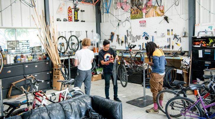 Students working in the Green Bike Shop